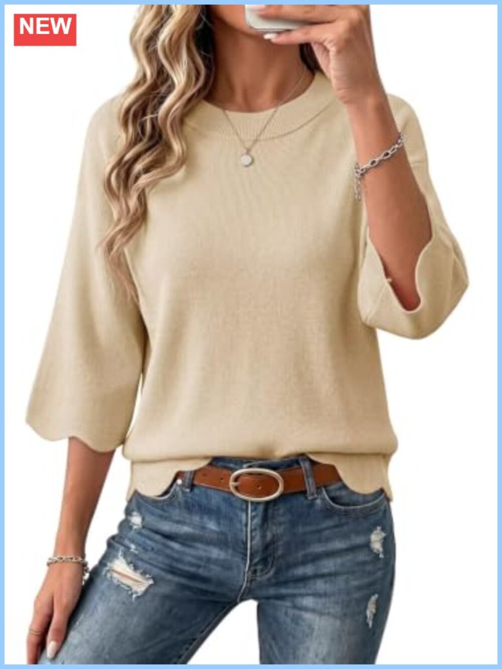 Womens Oversized Sweater 3/4 Sleeve Scalloped Hem Knit Top
